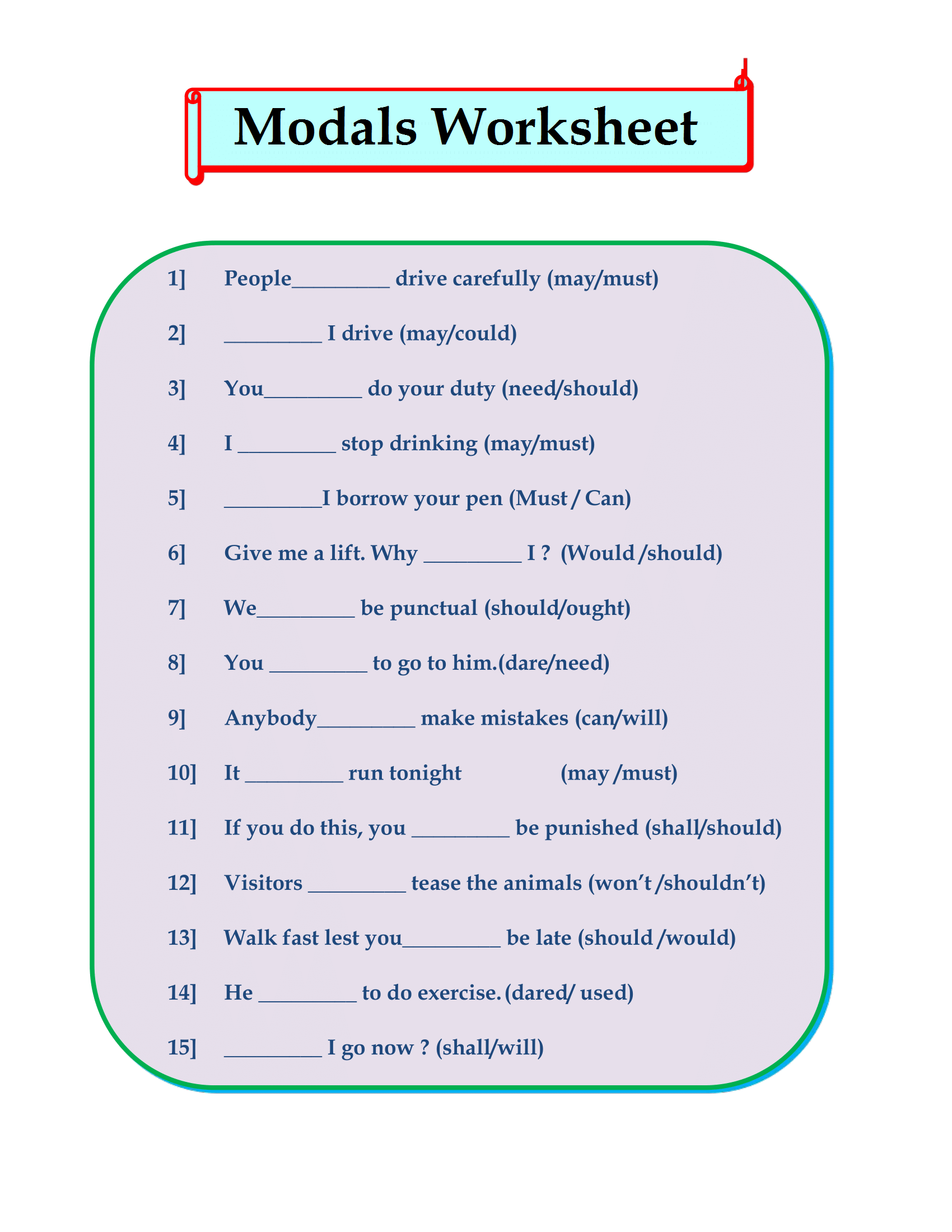 20 Worksheet ClassTest Modals English With PK99 English Modals Test